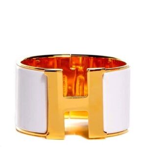 New Hermes Extra Wide H Clic White Enamel Bracelet Retail $1100